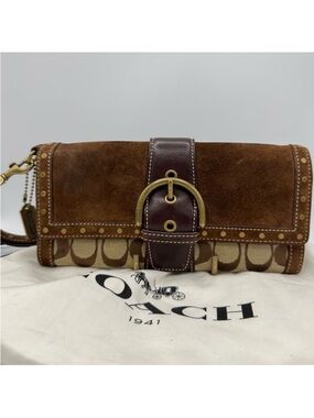 Coach SoHo Brown Suede and Signature Canvas Wristlet with Buckle